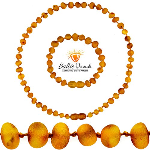 Raw Baltic Amber Necklace and Bracelet Gift Set (Unisex Honey Raw 12.5 Inches 5.5 Inches) - Certified Premium Quality Raw Baltic Sea Amber