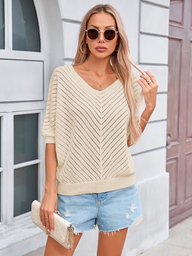 Image of Libsorge Womens Sexy V Neck 3 /4 Sleeve Sweater Spring 2025 Trendy Dressy Casual Outfits Lightweight Crochet Knit Pullover Top