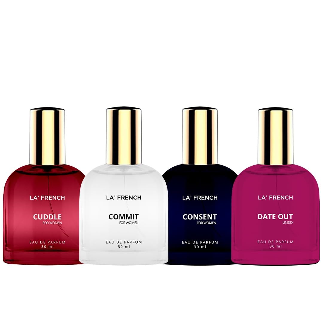 LA' French Liquid Perfume Scent For Women, 30ml X 4 (Cuddle + Commit + Consent + Date Out) Long Lasting, Fruity & Floral Fragrance Notes, Eau De Parfum, Higher Perfume Concentration Diwali Gift