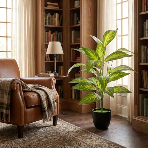 Image of Dekorly Artificial Plant Leaves Tropical Monstera Large Artificial Plants Fake Zebra Leaf Plastic Palm Tree Branch for Home Garden Decor | 26 Leaves (WithPot-Green-E, Height : 76CM)