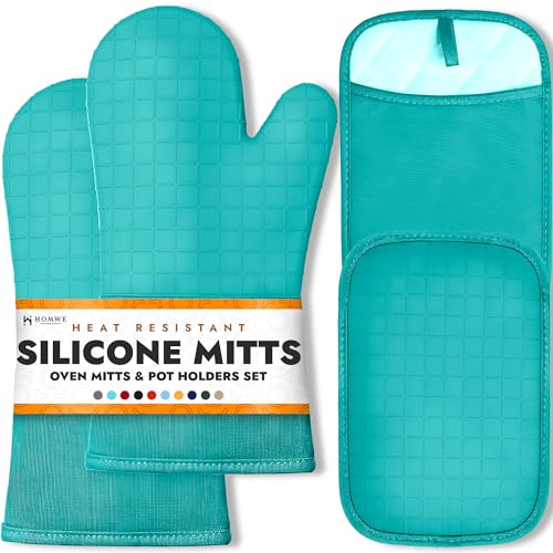 Image of BPA-Free Soft Silicone 4 Piece Oven Mitts & Pot Holders Set - Ultra Heat Resistant Oven Mitts with Thick Cotton Liner - Long Slip Resistant Pot Holders, Flexible Oven Gloves - Aqua