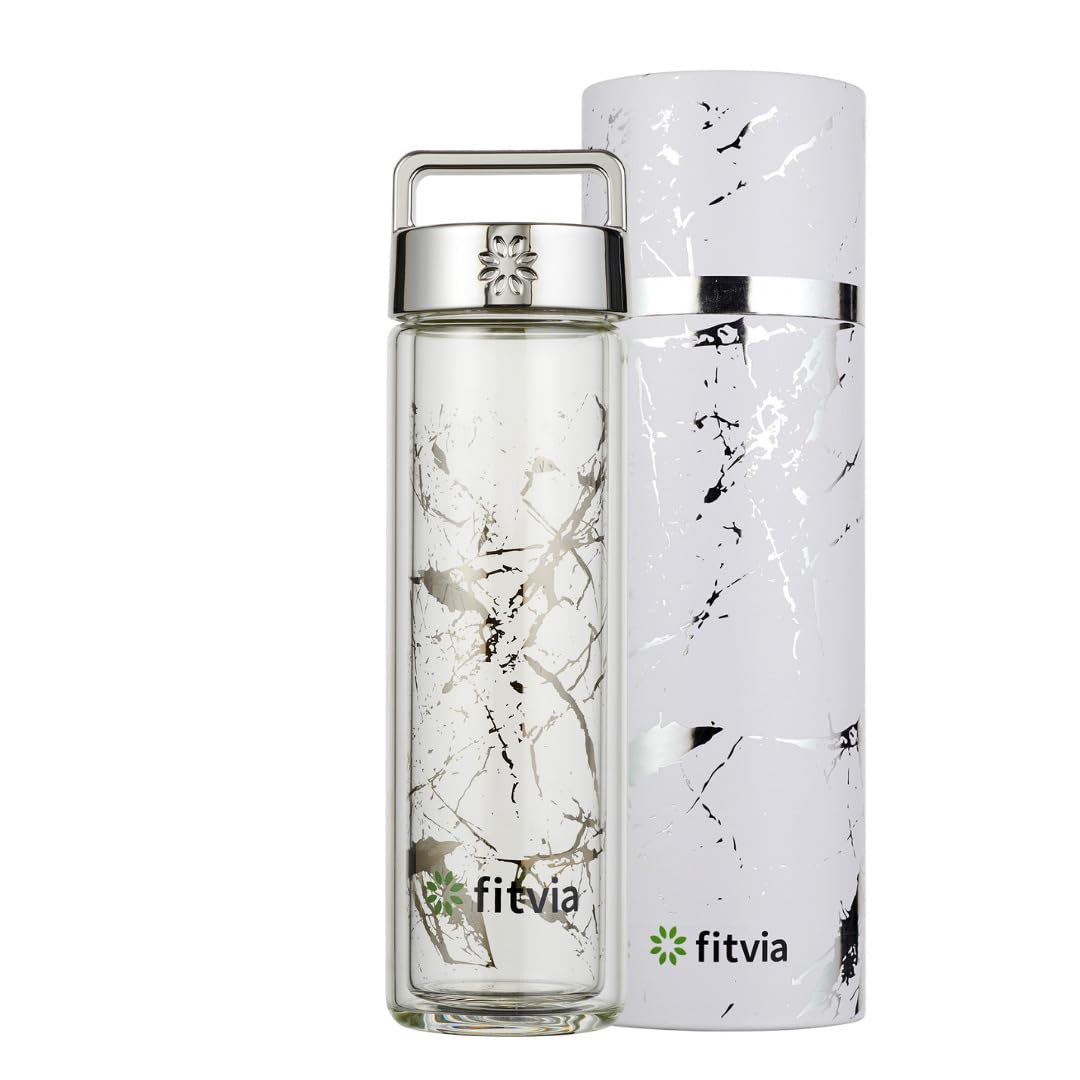 fitvia Thermoflasche Silver Marble 380 ml – Doppelwandiger Thermobehälter mit stilvollem Marmor-Design, integriertes Teesieb & praktischem Tragegriff, robuster Isolierbehälter als Trinkbecher