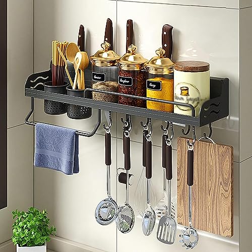 Estante de cocina negro con 6 ganchos, soporte para especias, barra de almacenamiento de utensilios de cocina, estante de pared para cucharones y herramientas de cocina, diseño que ahorra espacio