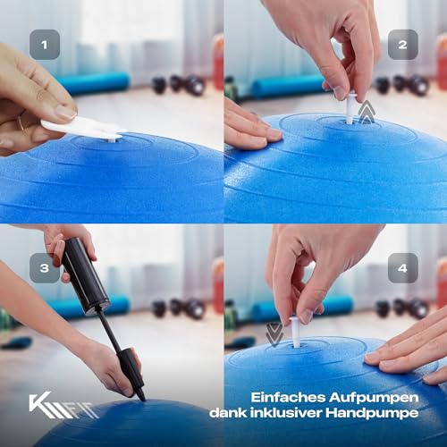 KM-Fit Gymnastikball 65cm | Trainingsball mit Luft-Pumpe | Sitzball Büro Anti-Burst | Ball für Fitness, Yoga, Gymnastik, Core Training | Pezziball Yogaball BPA-Frei | Blau