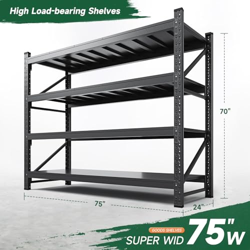 Image of Letaya 8000LBS Storage Shelves Heavy Duty,75 inch W Garage Shelving Units, 4 Tier Adjustable Utility Rack Shelf,Large Metal Industrial Shelves,for Shop,Warehouse,Basement,Black (75 inch W x 24 inch D x 70 inch H)