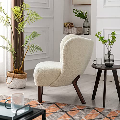 Accent Chair, Lambskin Sherpa Wingback Tufted Side Chair With Solid Wood Legs, Vanity Chair For Living Room Bedroom, Fabric Modern Accent Chair With Fluffy Tall Back, Cream #TOP2