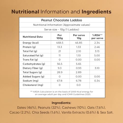 Image of Peanut & Chocolate Sugar-Free Laddoos | Energy-Bar Replacement | 95% Dry-Fruits | High Protein & Instant Energy - Healthy Chocolate, No Added Sugar (Pack of 4-40gm)