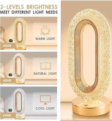 Crystal LED Table Lamp, Night LEMP, Touch Control, 3-Way Dimmable, USB Rechargeable, Cordless Night Light for Home, Bedroom, Living Room, Restaurant Decoration. (Oval Shape) - Image 4