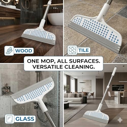 Image of Floor Wiper with Silicone Blade Magic Broom Water Squeegee for Bathroom Tile Marble Glass Walls Balcony Mirrors Floors Carpet Cleaning180Swivel Head Adjustable Long Handle Multipurpose Cleaning wiper