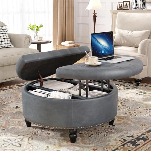 Vabches 30 Inch Round Storage Ottoman,Modern Button Tufted Coffee Table with Lift Top, Large Round Leather Ottoman Upholstered Footrest Stool Toy Blanket Storage for Living Room, Gray