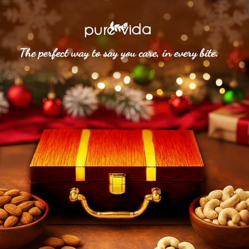Image of Purevida Premium Wooden Dry Fruits Gift Box - Luxury Christmas & New Year Hamper with Almonds & Cashews in Glass Jars | Festive & Corporate Gifting Wooden Box with Gold Handle