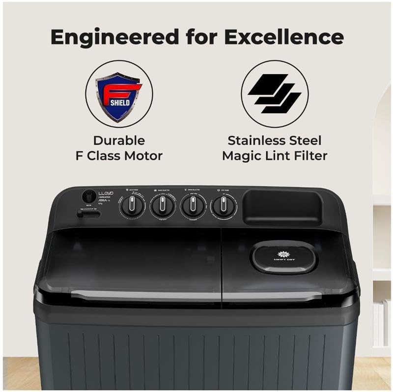 Image of Lloyd Aria 9 kg 5 Star Semi Automatic Top Load Washing Machine |1400 RPM | Detergent Storage Zone | 5 Wash Programs | Swift Dry | Magic Filter, GLWS905ARHVG, Dark Grey with Smoke Grey Lids)