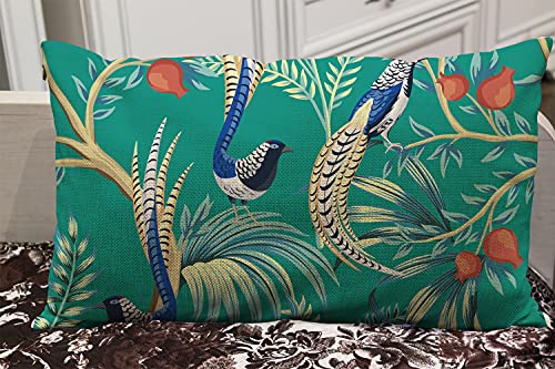 Wozukia Exotic Bird Throw Pillow Covers Vintage Garden Pomegranate Fruit Tree Plant Floral Exotic Chinoiserie Turquoise Linen Fabric For Couch Bed Sofa Car Waist Cushion Cover 12 X 20 Inch Pillow Case #TOP3