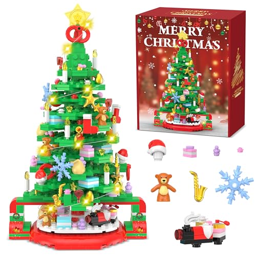 Flyart Christmas Tree Building Blocks, Toy Building Sets with LED Light, Christmas Tree Building Bricks with Christmas Train, Stocking, Snowflake, Xmas Gifts for Kids Adults Teens