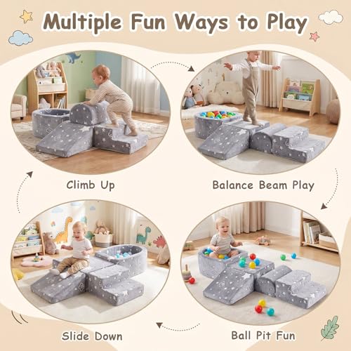 Image of Tiita Baby Climbing Blocks 5-Piece with Small Ball Pit | Foam Climbing Blocks for Toddlers, Glow-in-the-Dark Soft Play Climber with Washable Cover, Grey Star