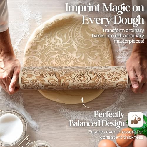 Image of Flexzion Embossed Rolling Pins with Patterns for Baking, 7.7-inch Engraved Wooden Rolling Pin with Snowflake Flower Pattern Rolling Pin for Baking Pastry Pizza Dough Fondant Cookie Pie Crust Pasta