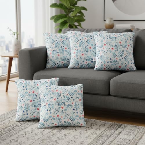 Image of STITCHNEST 'QuadraNest' Series Printed Quilted Velvet Cushion Cover 16x16 Inch Set of 5 | Premium Soft Fabric, Washable & Fade Resistant | Decorative Living Room Cushion Covers | Blue Floral