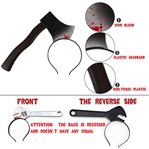 6PCS Halloween Costume Scary Weapon Headbands, Horror Photo Props Rubber Plastic Knife Axe Cleaver Scissor Headbands Through Head Zombie Accessories Makeup