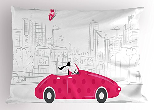 Ambesonne Cars Pillow Sham, Woman Driving Pink Vintage Car Sketchy Cityscape and Butterfly Girls Cartoon, Decorative Standard Queen Size Printed Pillowcase, 30