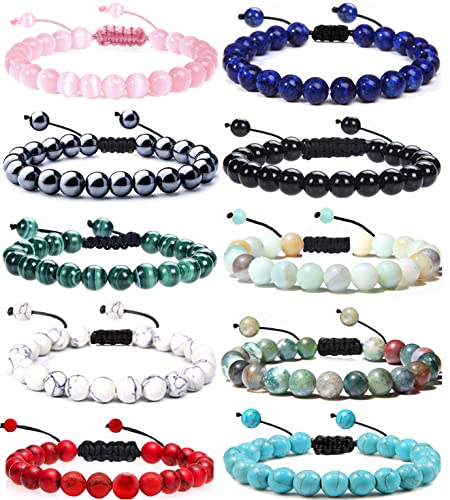 CASDAN 10PCS 8mm Healing Power Crystal Gemstone Beads Bracelet for Women Men Adjustable Macrame Stone Bracelets Unisex