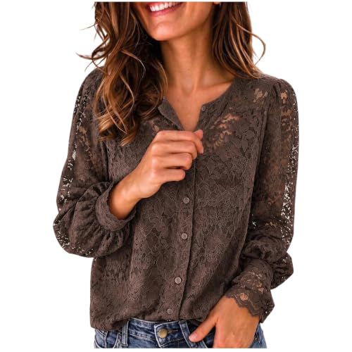 Women Floral Lace Dressy Shirt Button Down Fall Trendy Long Sleeve Top - image 1