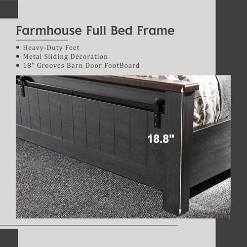 Image of IFGET Farmhouse Full Size Bed Frame with 47 inch Headboard, Wood Bed Frame with Groove Sliding Barn Door Footboard, Platform Bed with Wood Slats Support, No Box Spring Needed (Dark Grey)
