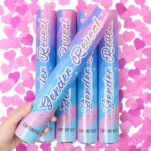 LUMAFIZZ Gender Reveal Confetti Cannon Biodegradable-Pink Hearts 4 Pack