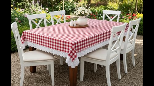Image of Amazon Brand - Umi Cotton Tablecloth for 6-8 Seater Dining Table, Red and White Gingham Check Rectangular Table Cover with Lace Trim 4 Corners, Classic Picnic Farmhouse Style Washable Table Linen