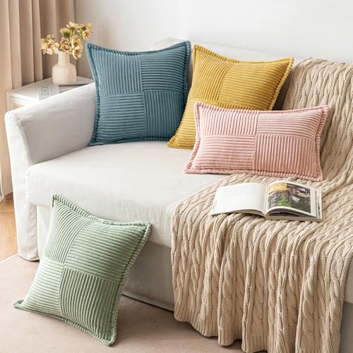 Image of MIULEE Decorative Throw Pillow Covers for Couch Bed Livingroom 20x20 Inch Set of 2 Dusty Blue Boho Accent Throw Pllows Broadside Striped Patchwork Soft Corduroy Summer Coastal Pillowcases