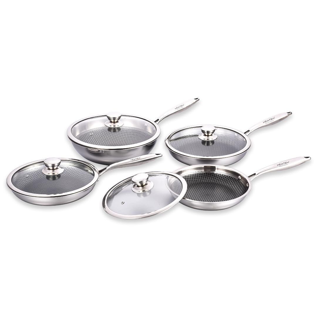 Set di 3 Padelle + Wok | Padella Antiaderente in Acciaio Inox Triplo Strato con Coperchio in Vetro | Antiaderente e Antigraffio | Adatta a tutti i Piani Cottura (HEATEK SET)