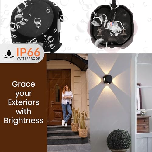 Image of GIGAWATTS 4W 4 Way LED Wall Light Up Down Left Right BIS IP65 Lamp Modern Outdoor Shockproof Black Body Fixture for Home Garden Decor Lightning (Pack of 1, Warm White)