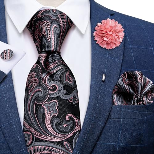 Image of DiBanGu Silk Ties for Men Necktie and Lapel Pin Brooch Set Formal Woven Paisley Plaid Striped Solid Tie Wedding Party