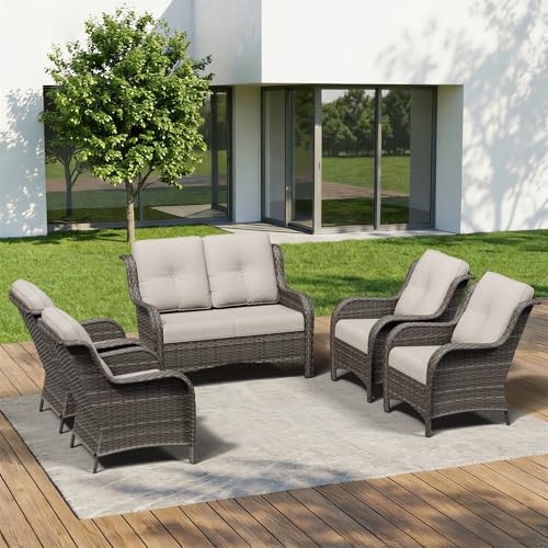 Image of 5 Piece Outdoor Wicker Patio Furniture Set, Patio Chairs Set with Thickened Olefin Cushions, High Back and Deep Seating, Hand-Woven PE Rattan for Porch, Deck