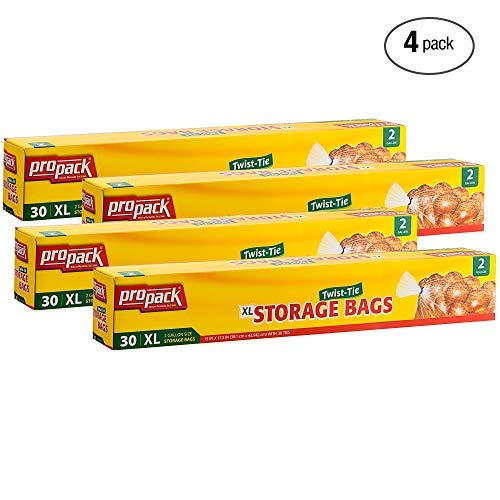 ProPack Disposable Plastic Storage Bags With Original Twist Tie, XL 2 Gallon Size, 120 Bags, Great For Home, Office, Vacation, Traveling, Sandwich, Fruits, Nuts, Cake, Cookies, Or Any Snacks (4 Packs)