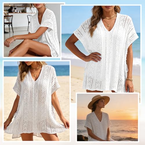 Image of SANNIDHI Crochet Cover Up for Women Loose Fit Beach Cover Up Stylish Boho V Neck Hollow Summer Top Coverup - Fits for Weight 50-70kg and Height 160-178cm