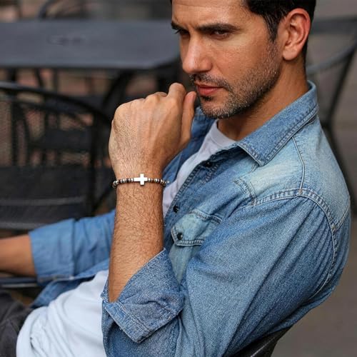 Pulsera para hombre con cruz y piedras naturales miniatura 5