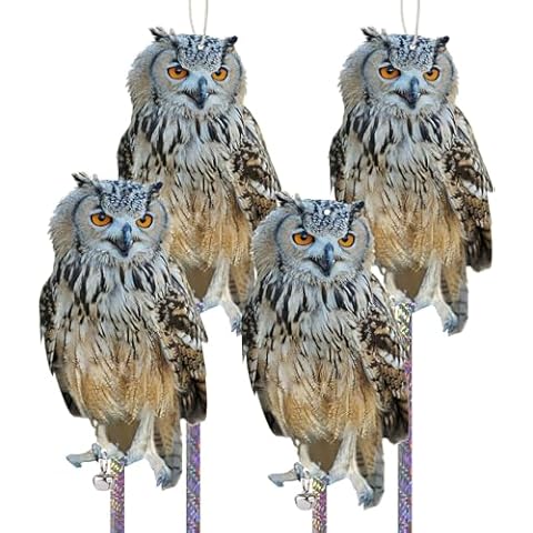 Kungfu Mall 4PCS Fake Owl to Keep Squirrel Away from Outdoor Plastic Owl to Scare Woodpecker Pigeon for House Balcony Flat Garden Owl with Reflective Tape for Porch Patio Outsider Yard Window Cover