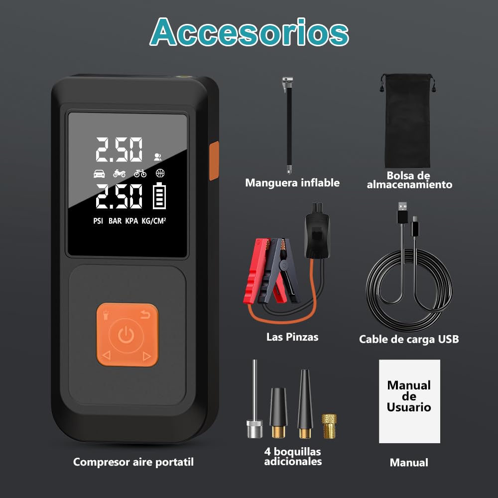 Arrancador de Batería 12V para Coche (Gasolina/Diésel) con Compresor de Aire Portátil y Power Bank 3 en 1, Inflador Eléctrico 10000mAh con Pantalla LCD y Arranque de Emergencia, Carga Rápida