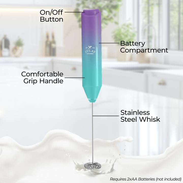 Image of Zulay Kitchen Milk Frother Handheld Battery Operated - Electric Drink Mixer for Coffee, Lattes, Cappuccinos, Matcha & Hot Chocolate - Portable Foam Maker & Coffee Bar Accessory - Eclipse Purple Teal