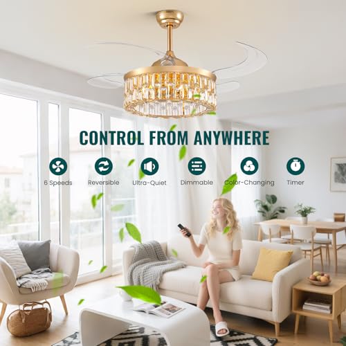 Image of Siljoy 48'' Modern Gold Caged Crystal Ceiling Fan with Lights and Remote
