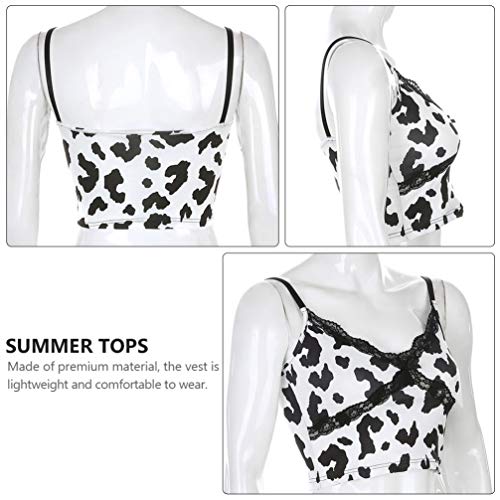 ABOOFAN Mulheres Lace Crop Top Animal Cow Print Mangas Cami Top Costas Alça Spaghetti Crop Tops Cole