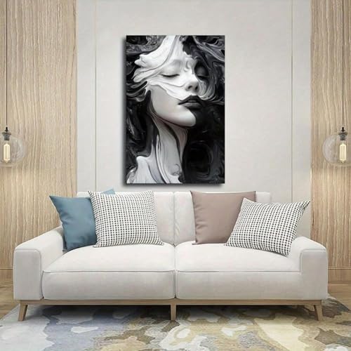 Toile abstraite visage fluide : la solution déco rétro noir et blanc sans cadre 70x110 - 4
