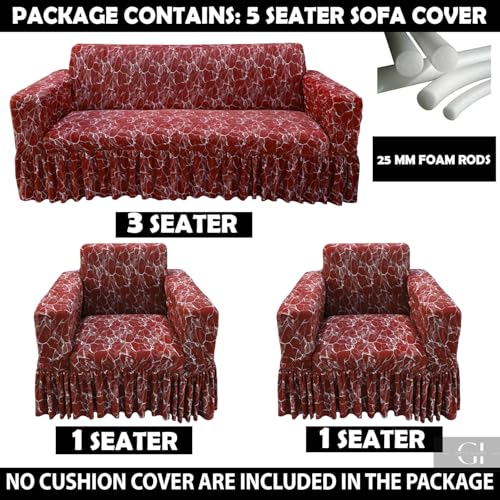 Image of Gifts Island Sofa Cover Set Marble Design 5 Seater Fully Covered Universal Polycotton Spandex with 360 Frill Non-Slip Sticky Elastic Stretchable Sofa Slipcover for Livingroom (Maroon Marble)