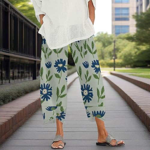 Womens Floral Tulip Print Wide Leg Pants Boho Cotton Linen Lantern Trousers Elastic Waist with Pockets Lightweight Summer2