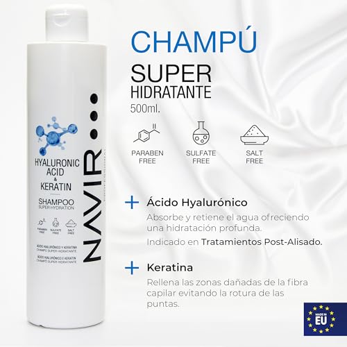 NAVIR Profesional | Pack champú sin sulfatos ni parabenos con Ácido Hialurónico y Keratina, mascarilla y acondicionador – Tratamiento post alisado orgánico hidratante para cabello - 500ml+200ml+200ml - imagen 3