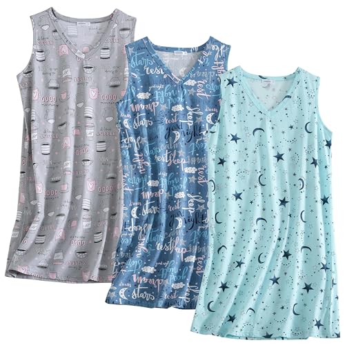 Image of PNAEONG 3 Pack Womens Cotton Nightgown V Neck Nightshirts Sleeveless Sleepwear Casual Print Sleepdress