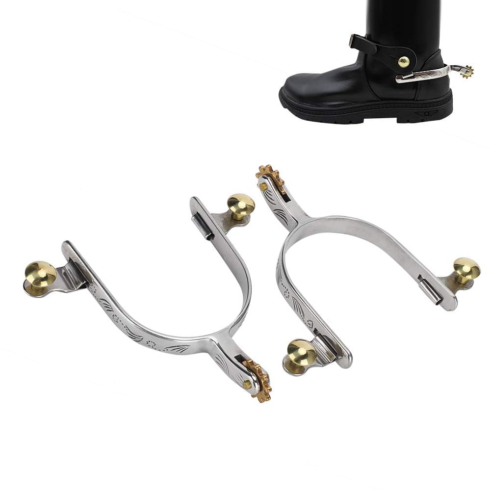 Zerodis Speroni per cavalli, 2 pezzi, stile cowboy occidentale, in acciaio inox, incisione floreale con ingranaggi in rame e fibbia per cintura in rame