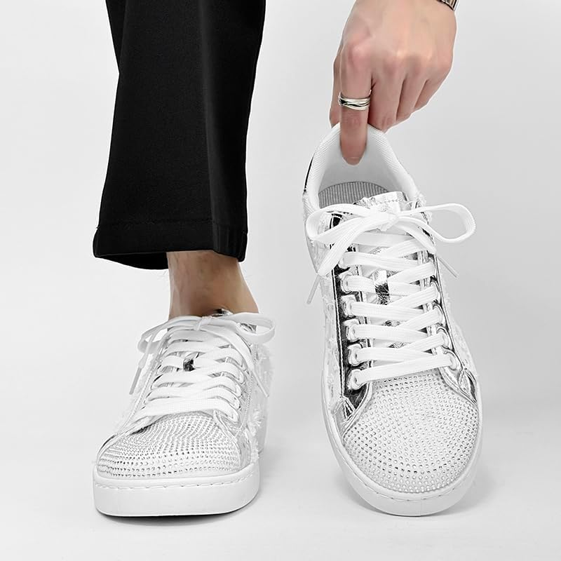 Men's Punk Rhinestone Sneakers Fashion Casual Walking Shoes Black White Athletic Sneakers - Image 7