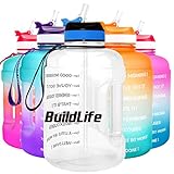 BuildLife Botella de agua motivadora de 2,2 l con pajita y marcador de tiempo para beber diariamente, sin BPA, reutilizable, para gimnasio, deportes, al aire libre, transparente, 2,2 l