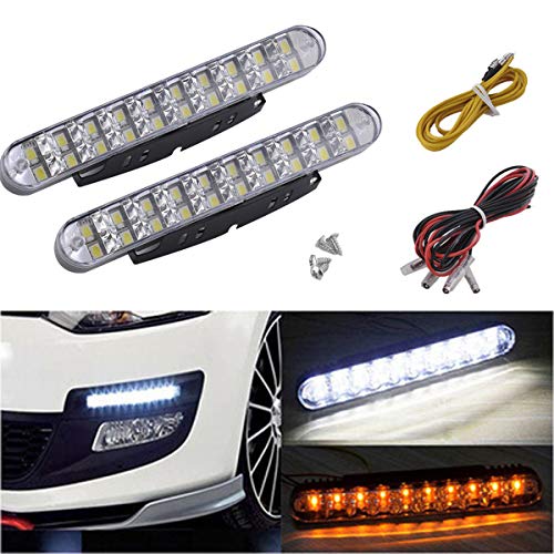 FOLGEMIR LED Tagfahrlicht, dimmbare Tagfahrleuchten, 2x 30 LEDs, DC 12V, Weiss/Gelb Blinker, E4